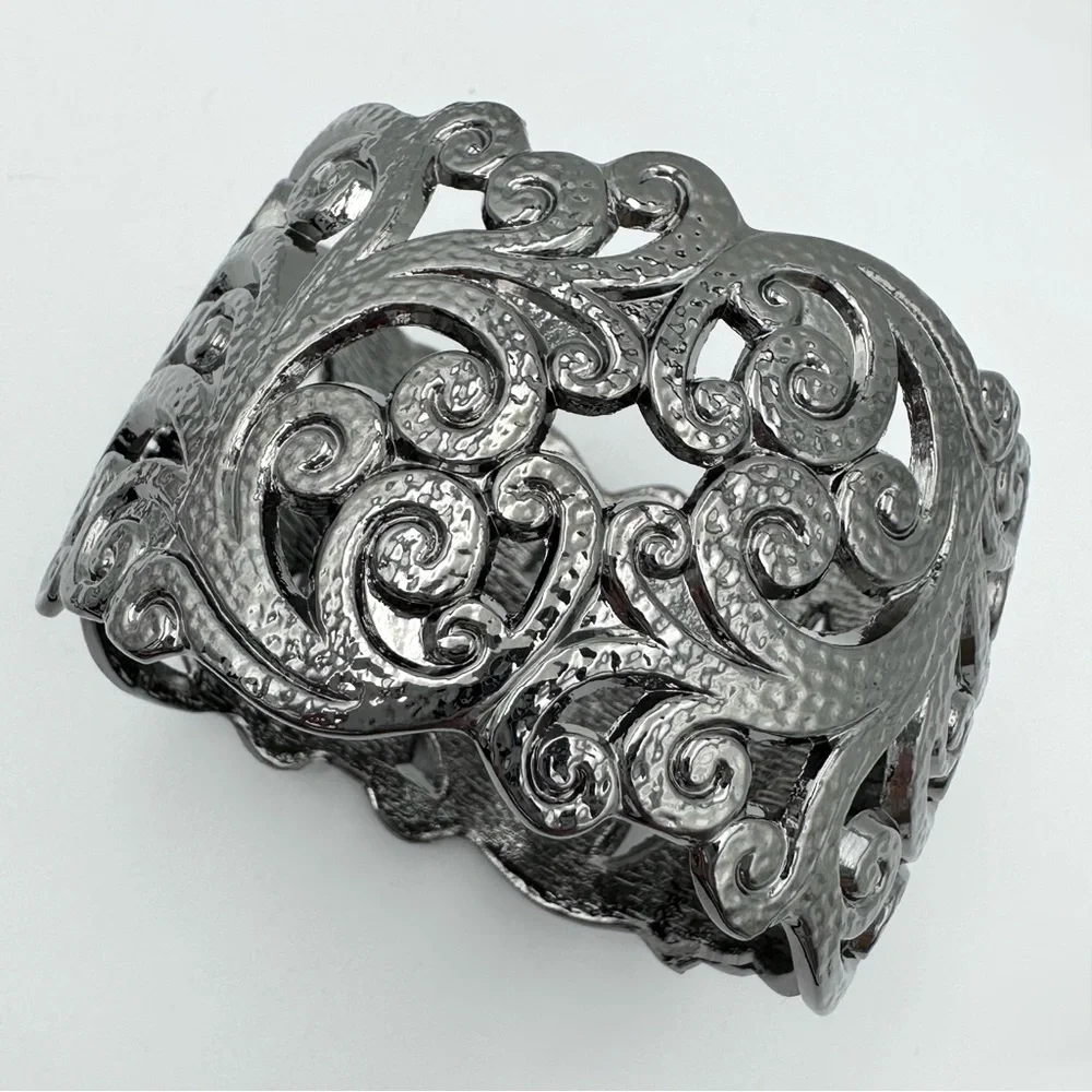 Gun Metal Grey Open Swirl Statement Hinged Bangle Bracelet